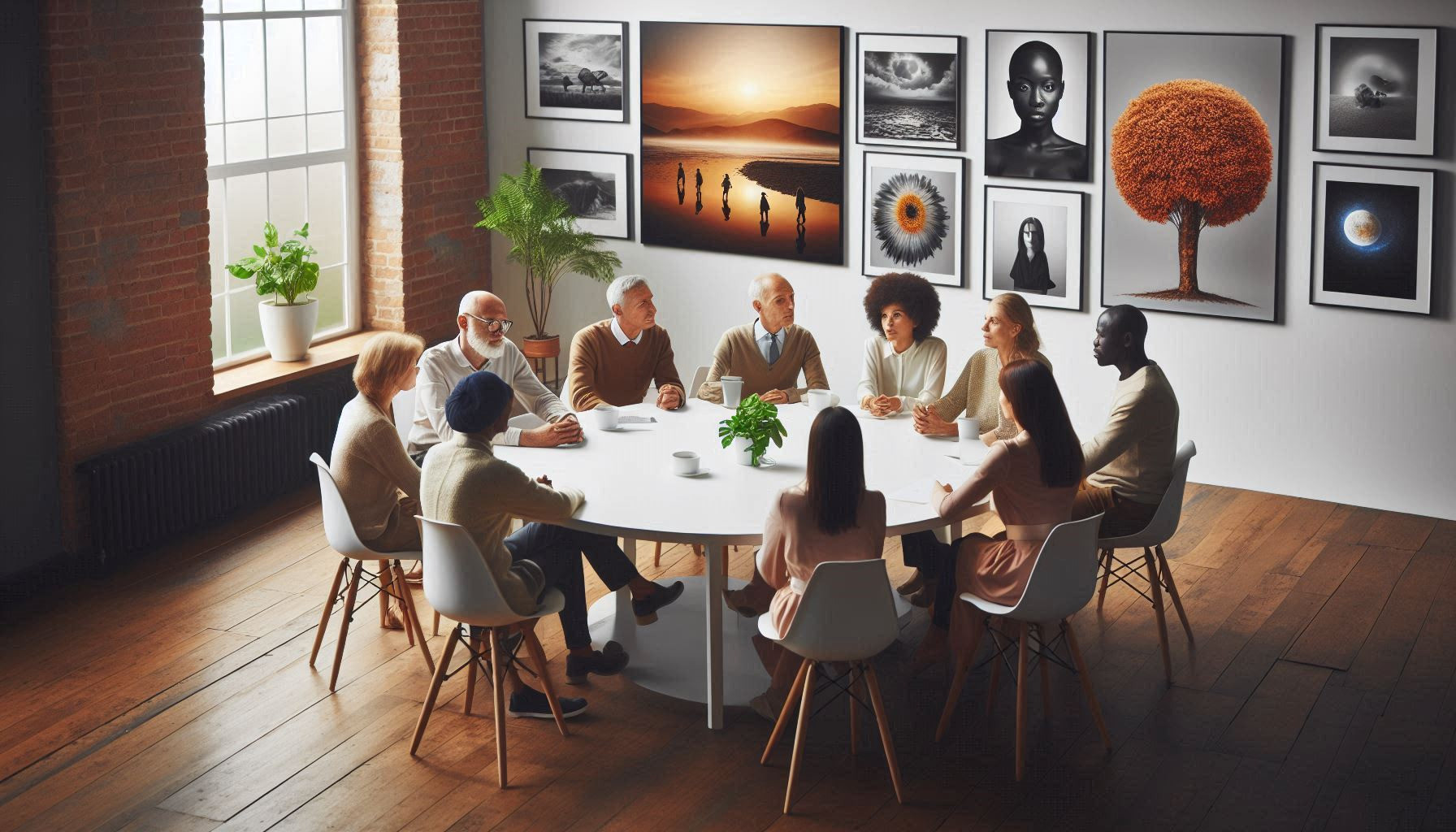 Bei den Fotofreunden Much diskutieren 3 Frauen und 4 Männer in einer Runde über schöne Fotografien. 